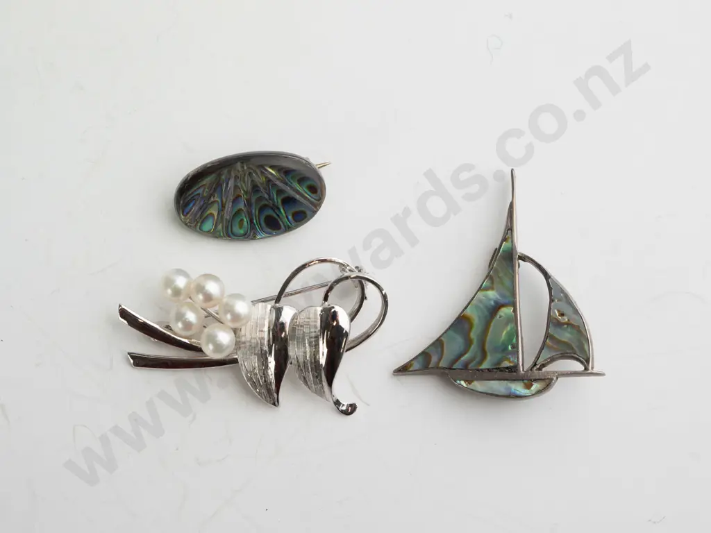 2 paua shell broochs & silver brooch all stamped sterling Image 1++