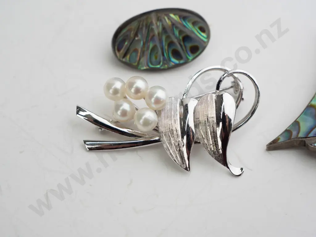2 paua shell broochs & silver brooch all stamped sterling Image 1++