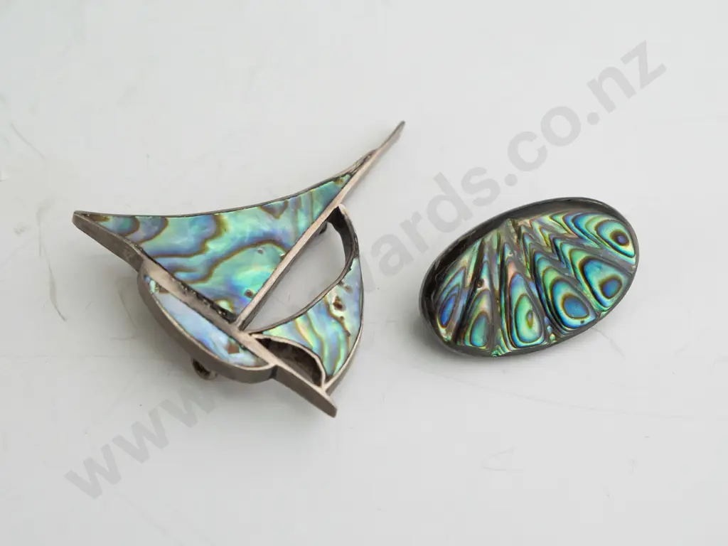 2 paua shell broochs & silver brooch all stamped sterling Image 1++