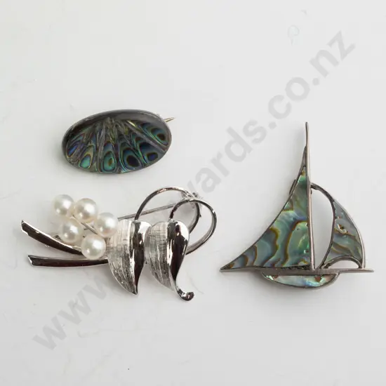 2 paua shell broochs & silver brooch all stamped sterling