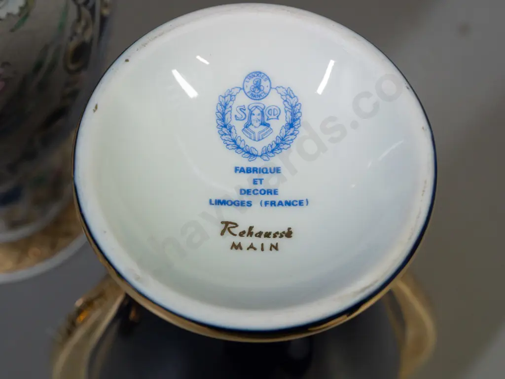 Limoges lidded urn vase with gilded handles and a "Seizan" Japanese vase with bird and floral motifs & gilded rim H-355 Image 1++