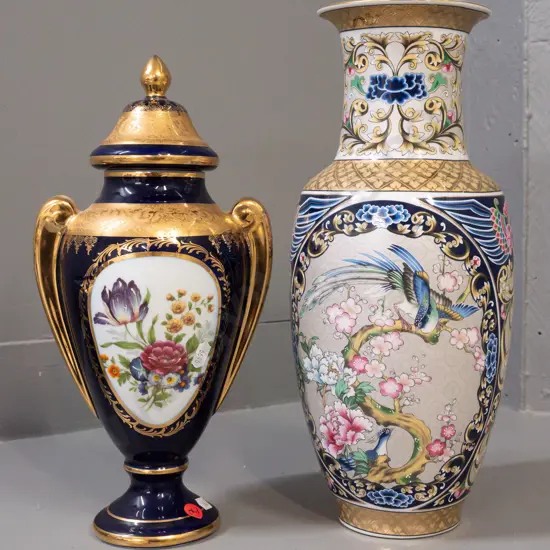 Limoges lidded urn vase with gilded handles and a "Seizan" Japanese vase with bird and floral motifs & gilded rim H-355