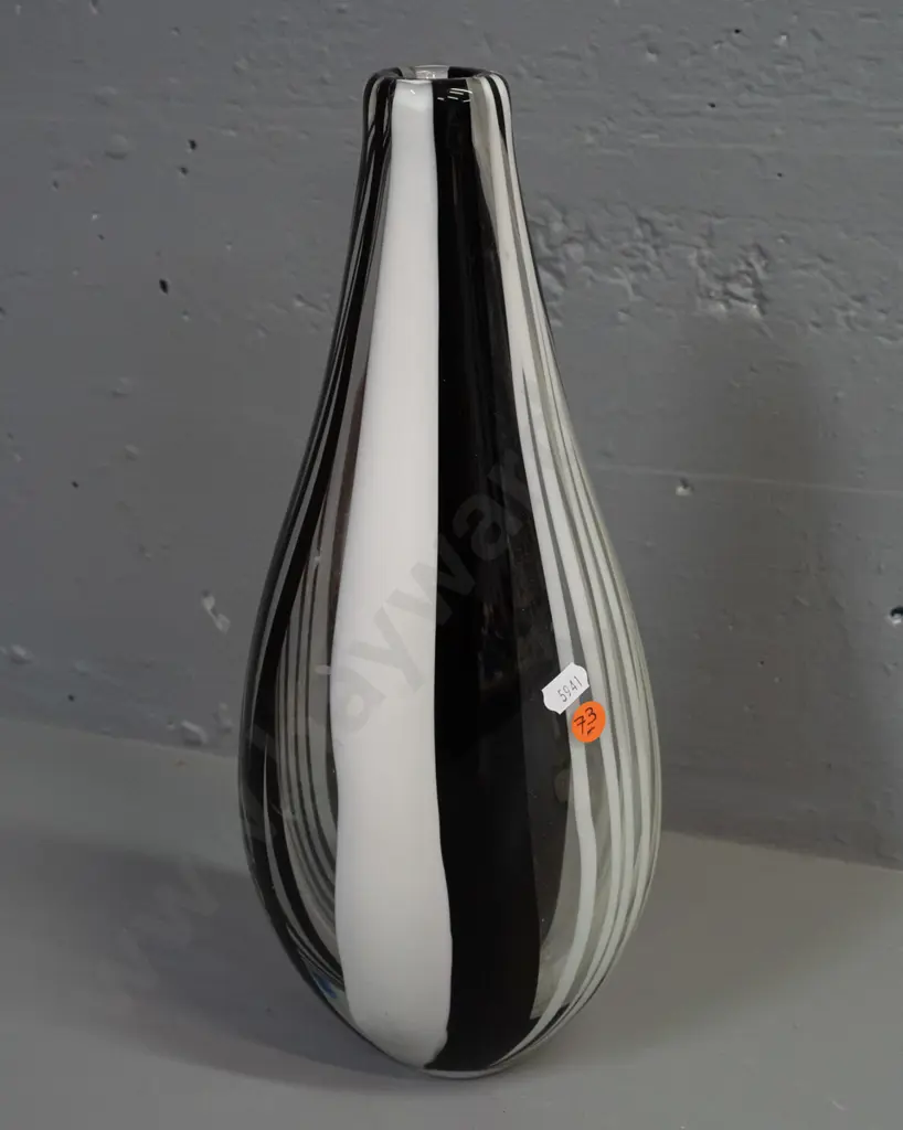 heavy art glass bottle vase - striped clear, white and dark brown H-370 Image 1++