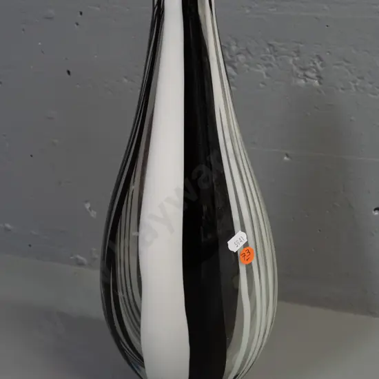heavy art glass bottle vase - striped clear, white and dark brown H-370
