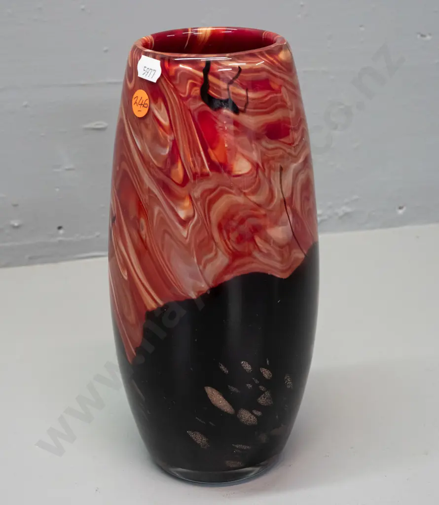 heavy art glass vase black with metallic copper inclusion, rose marble effect top H-260 Image 1++