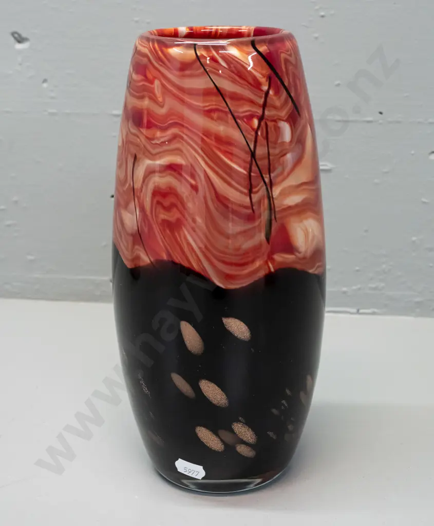 heavy art glass vase black with metallic copper inclusion, rose marble effect top H-260 Image 1++