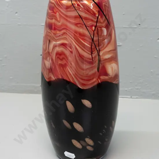 heavy art glass vase black with metallic copper inclusion, rose marble effect top H-260