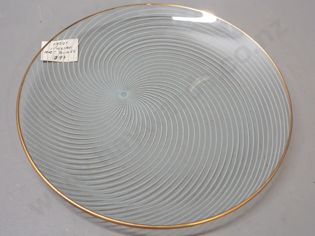3 glass pieces - Italian art glass plate with spiral decoration and gilt rim, moulded retro glass vase and a light blue Image 1++