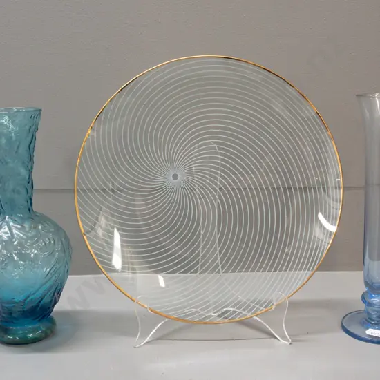 3 glass pieces - Italian art glass plate with spiral decoration and gilt rim, moulded retro glass vase and a light blue
