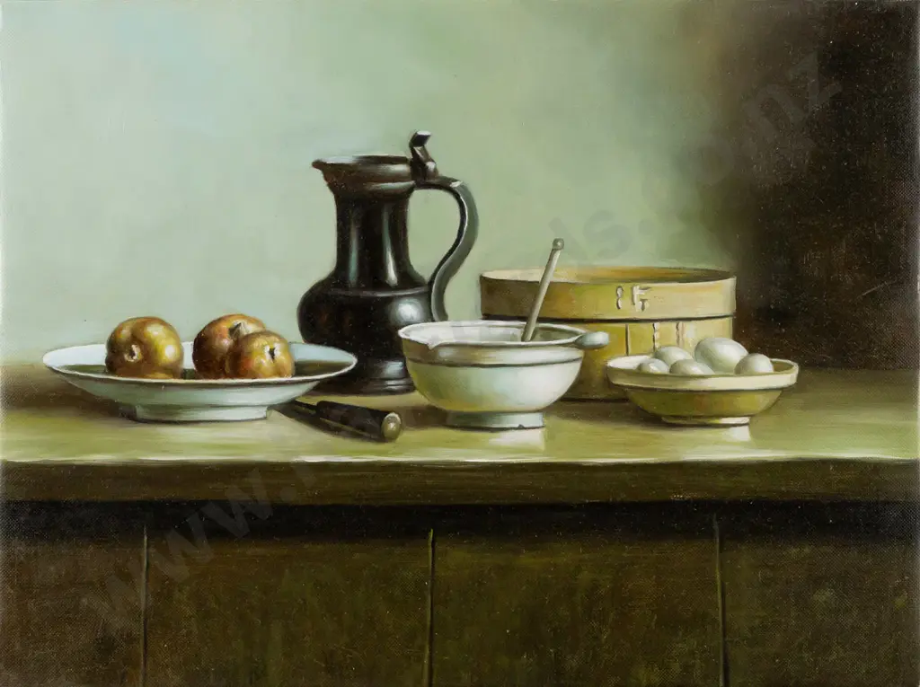 unsigned -- oil on stretched canvas, still life: jug apples eggs mortar & pestle etc H-305 W-405 Image 1++