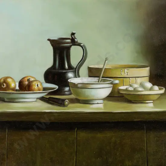 unsigned -- oil on stretched canvas, still life: jug apples eggs mortar & pestle etc H-305 W-405