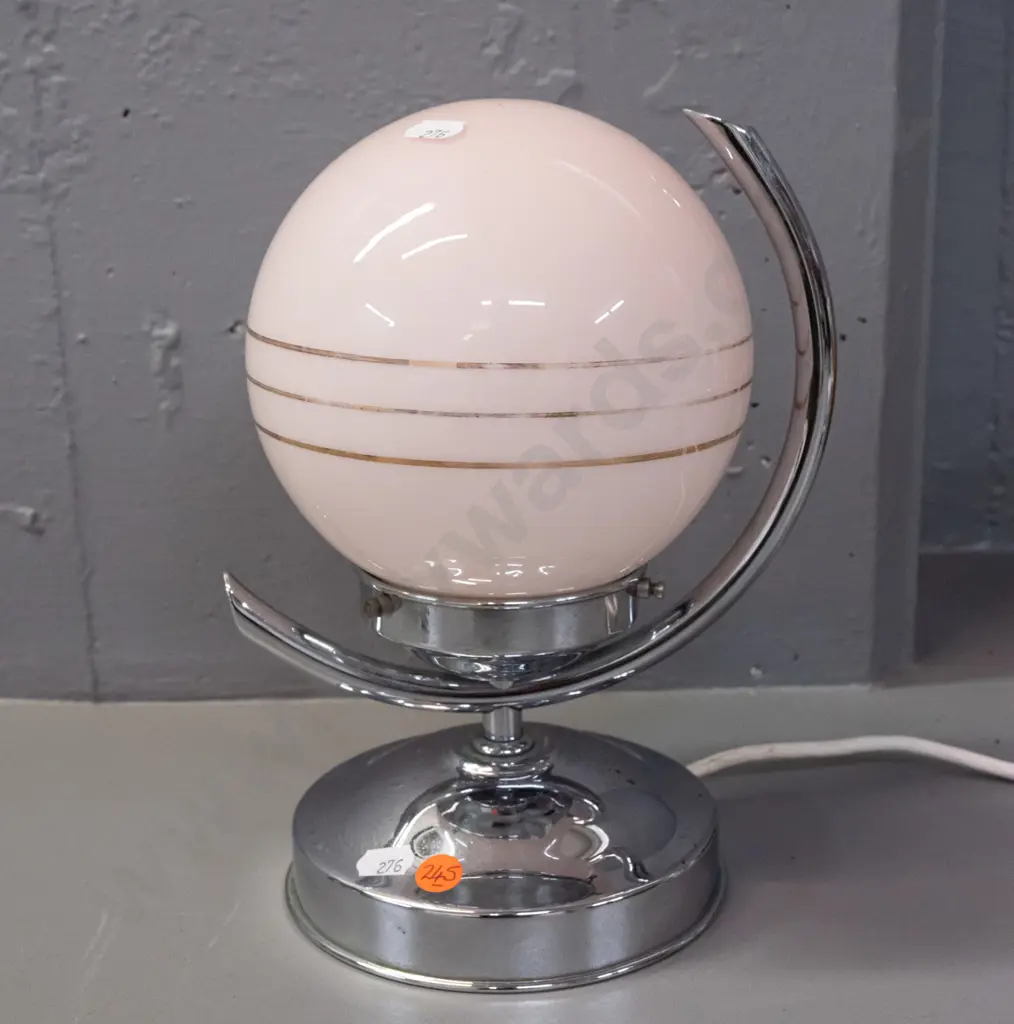 deco table lamp - chrome base & pink glass shade with gold pinstripes, Acme Woods Metal Products Chch label - going, Image 1++