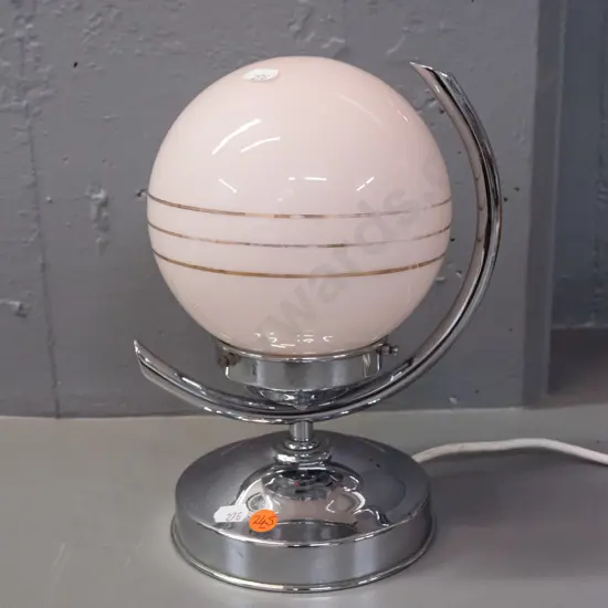 deco table lamp - chrome base & pink glass shade with gold pinstripes, Acme Woods Metal Products Chch label - going,