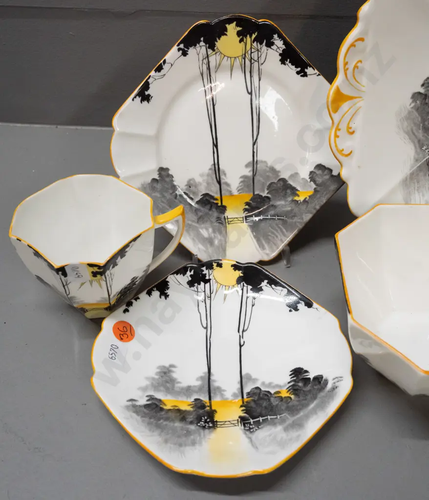 vintage Shelley deco style tall trees and sun pattern part tea set - 2 trios, cake plate, cream and sugar - sugar bowl Image 1++