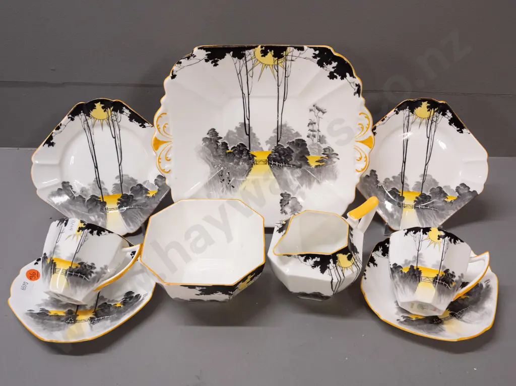 vintage Shelley deco style tall trees and sun pattern part tea set - 2 trios, cake plate, cream and sugar - sugar bowl Image 1++