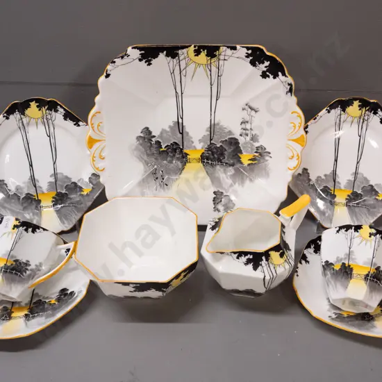 vintage Shelley deco style tall trees and sun pattern part tea set - 2 trios, cake plate, cream and sugar - sugar bowl