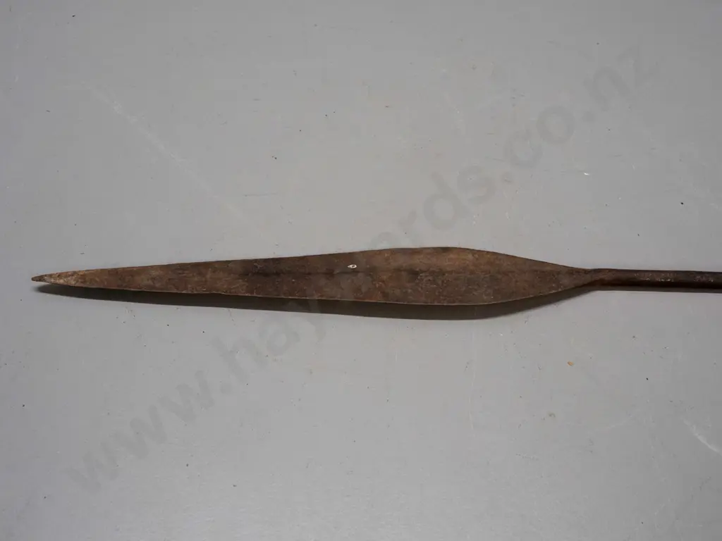 African spear with metal end pieces bound with metal strapping on carved wooden shaft - from Gabon. Overall age wear, Image 1++