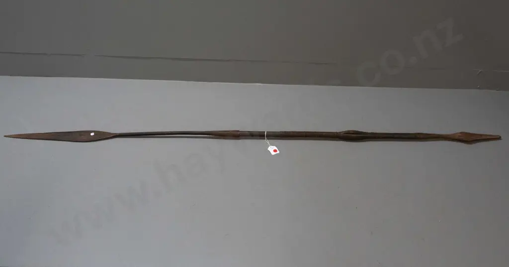 African spear with metal end pieces bound with metal strapping on carved wooden shaft - from Gabon. Overall age wear, Image 1++