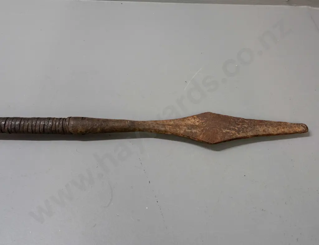 African spear with metal end pieces bound with metal strapping on carved wooden shaft - from Gabon. Overall age wear, Image 1++