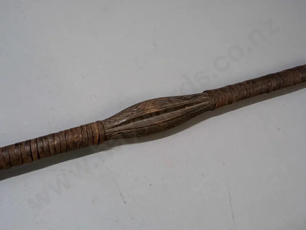 African spear with metal end pieces bound with metal strapping on carved wooden shaft - from Gabon. Overall age wear, Image 1++