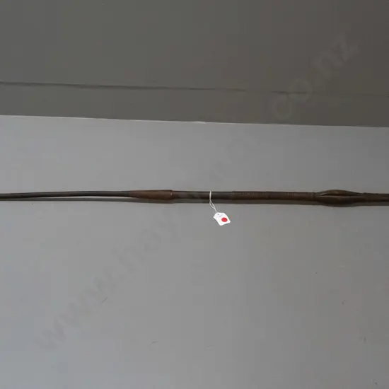 African spear with metal end pieces bound with metal strapping on carved wooden shaft - from Gabon. Overall age wear,