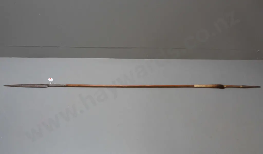 African broad-blade spear with hardwood shaft, brass and hide fittings - Dinka tribe, Yirol, South Sudan L-1770 Image 1++