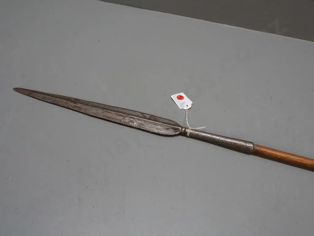 African broad-blade spear with hardwood shaft, brass and hide fittings - Dinka tribe, Yirol, South Sudan L-1770 Image 1++