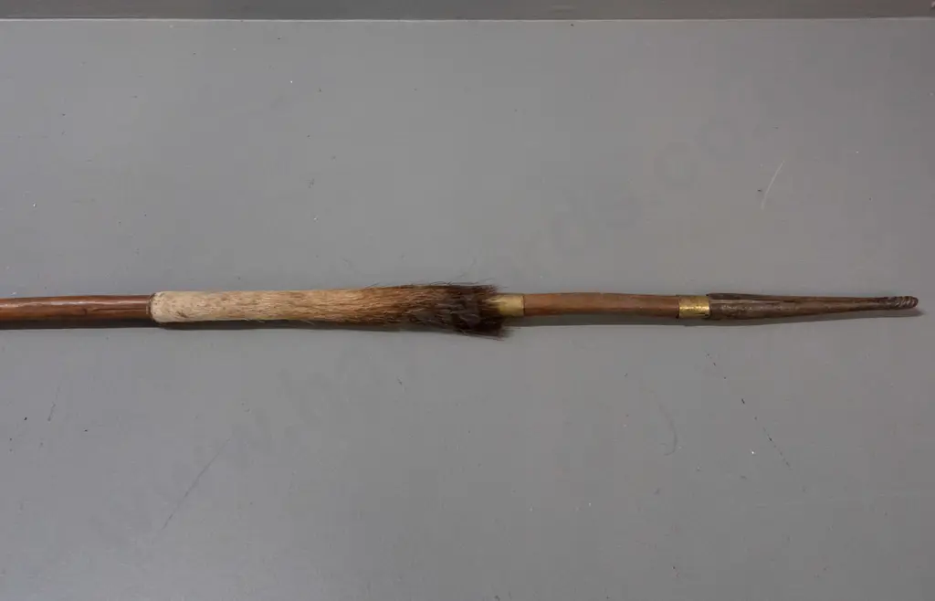 African broad-blade spear with hardwood shaft, brass and hide fittings - Dinka tribe, Yirol, South Sudan L-1770 Image 1++