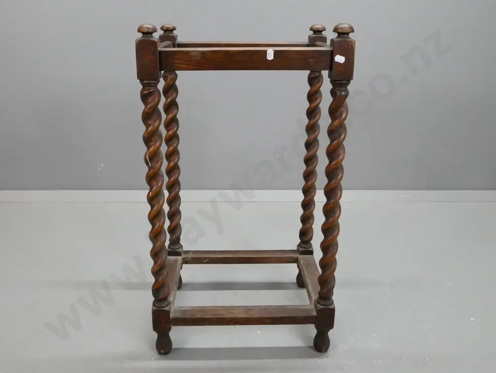 vintage oak umbrella / stick stand with Jacobean twist supports, missing bottom tray, age wear to surface H-680 W-380 Image 1++