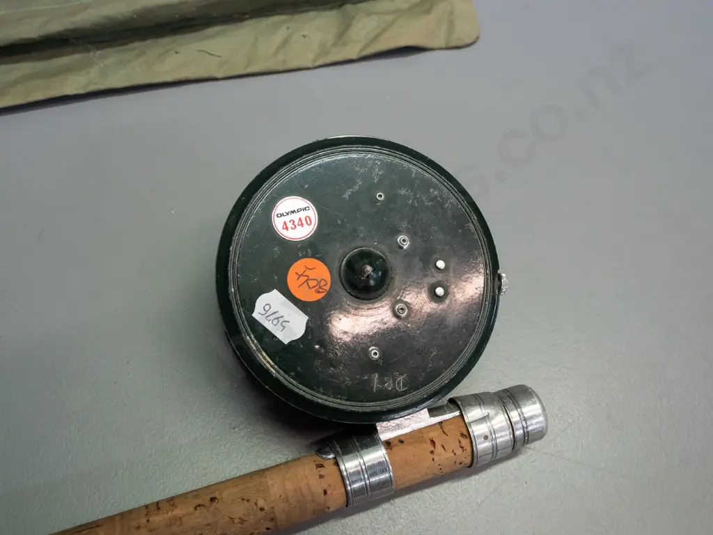 vintage 2-pc split cane fly fishing rod and reel with canvas sleeve - rod marked Alcock's Rex UK with Olympic 4340 reel, Image 1++