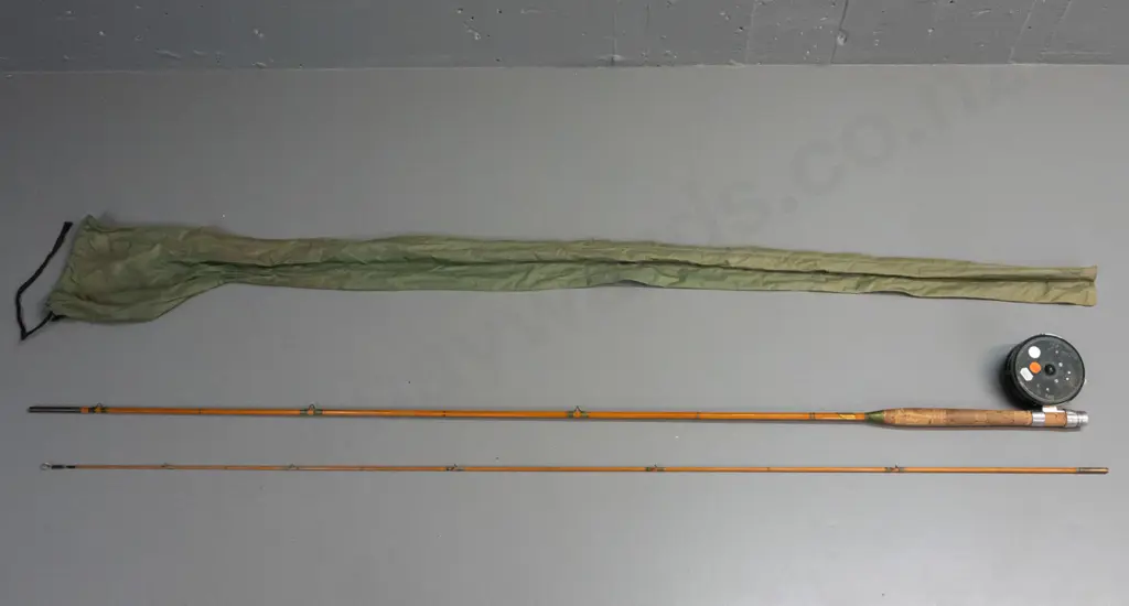 vintage 2-pc split cane fly fishing rod and reel with canvas sleeve - rod marked Alcock's Rex UK with Olympic 4340 reel, Image 1++
