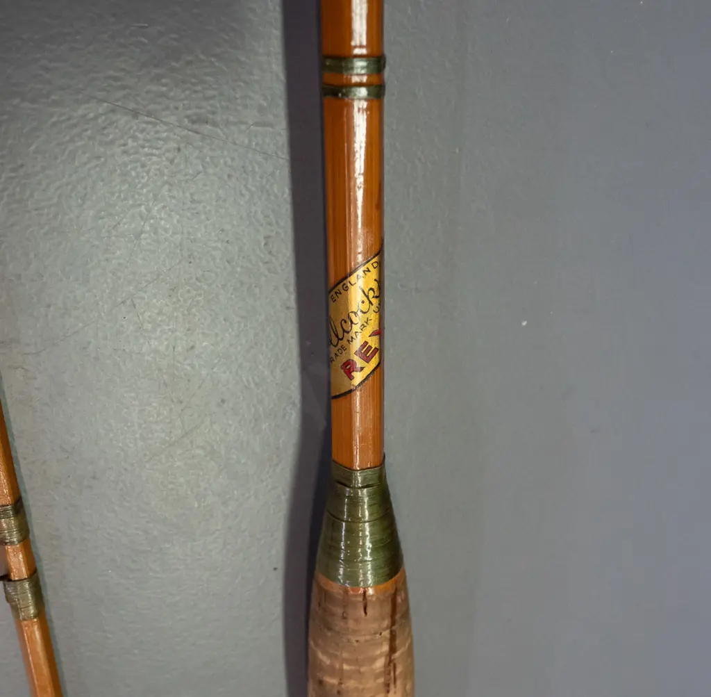 vintage 2-pc split cane fly fishing rod and reel with canvas sleeve - rod marked Alcock's Rex UK with Olympic 4340 reel, Image 1++