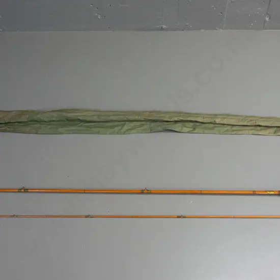 vintage 2-pc split cane fly fishing rod and reel with canvas sleeve - rod marked Alcock's Rex UK with Olympic 4340 reel,