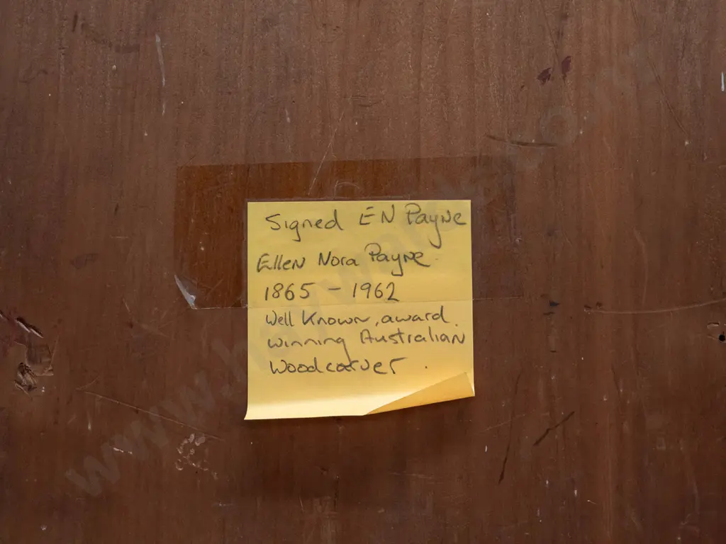 carved kauri panel - information pencilled on back - by Australian carver Ellen Nora Payne. Some scratches and age wear Image 1++