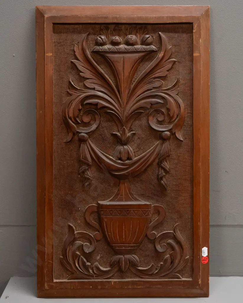 carved kauri panel - information pencilled on back - by Australian carver Ellen Nora Payne. Some scratches and age wear Image 1++