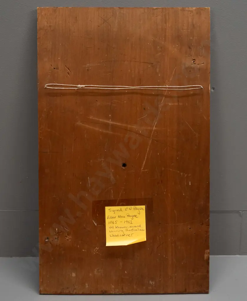 carved kauri panel - information pencilled on back - by Australian carver Ellen Nora Payne. Some scratches and age wear Image 1++