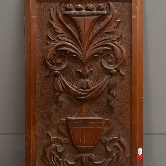 carved kauri panel - information pencilled on back - by Australian carver Ellen Nora Payne. Some scratches and age wear