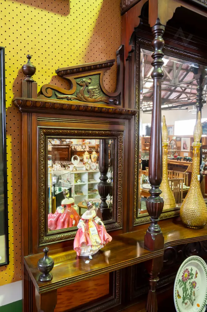 Victorian kauri mirror-back sideboard w/swan-neck pediment above 3 bevel-edged mirrors w/ turned Image 1++