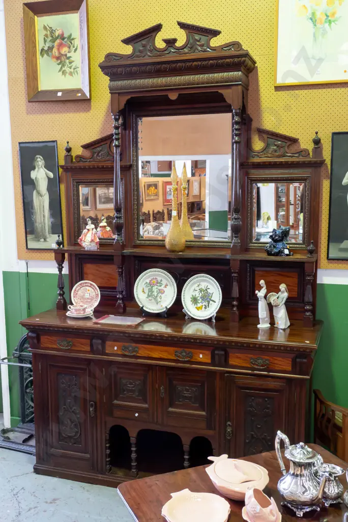 Victorian kauri mirror-back sideboard w/swan-neck pediment above 3 bevel-edged mirrors w/ turned Image 1++