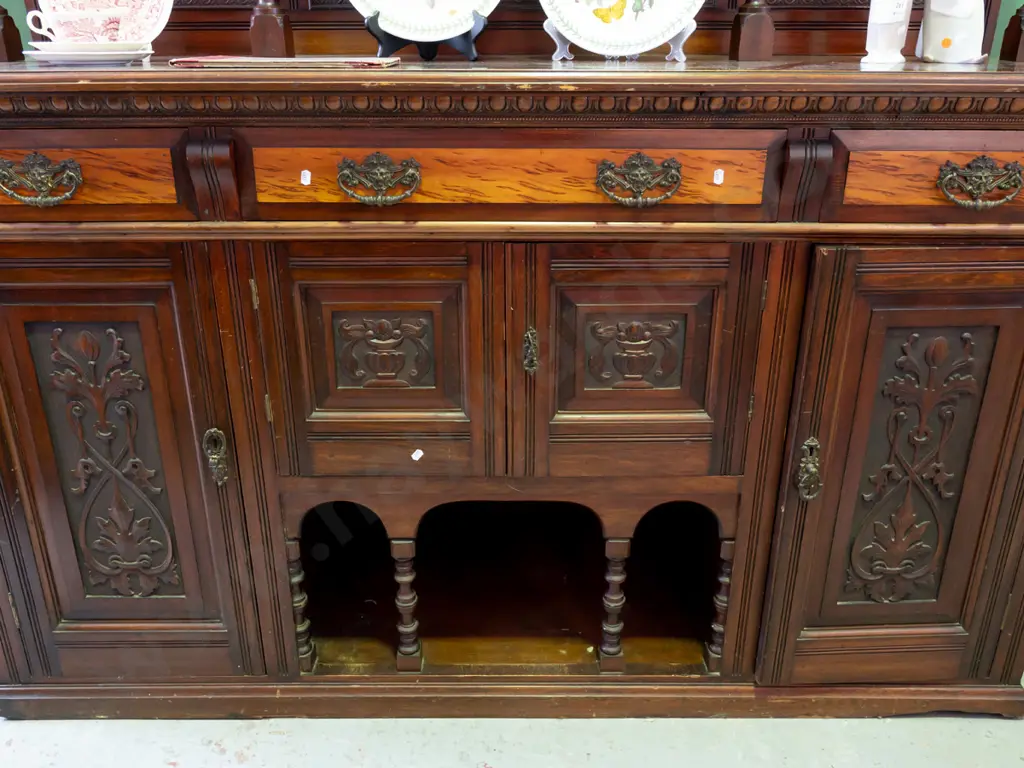 Victorian kauri mirror-back sideboard w/swan-neck pediment above 3 bevel-edged mirrors w/ turned Image 1++