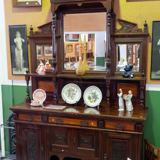Victorian kauri mirror-back sideboard w/swan-neck pediment above 3 bevel-edged mirrors w/ turned