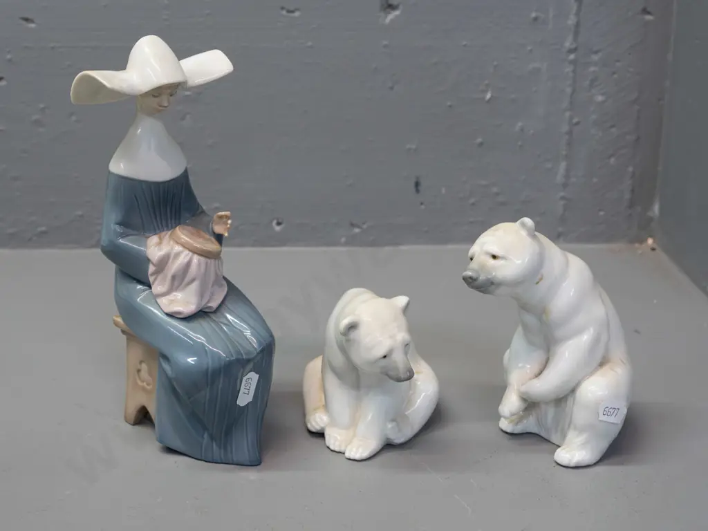 3 Lladro figurines - 2 polar bears and a seated nun with needlework H-200 - all need cleaning, crazing to one Image 1++