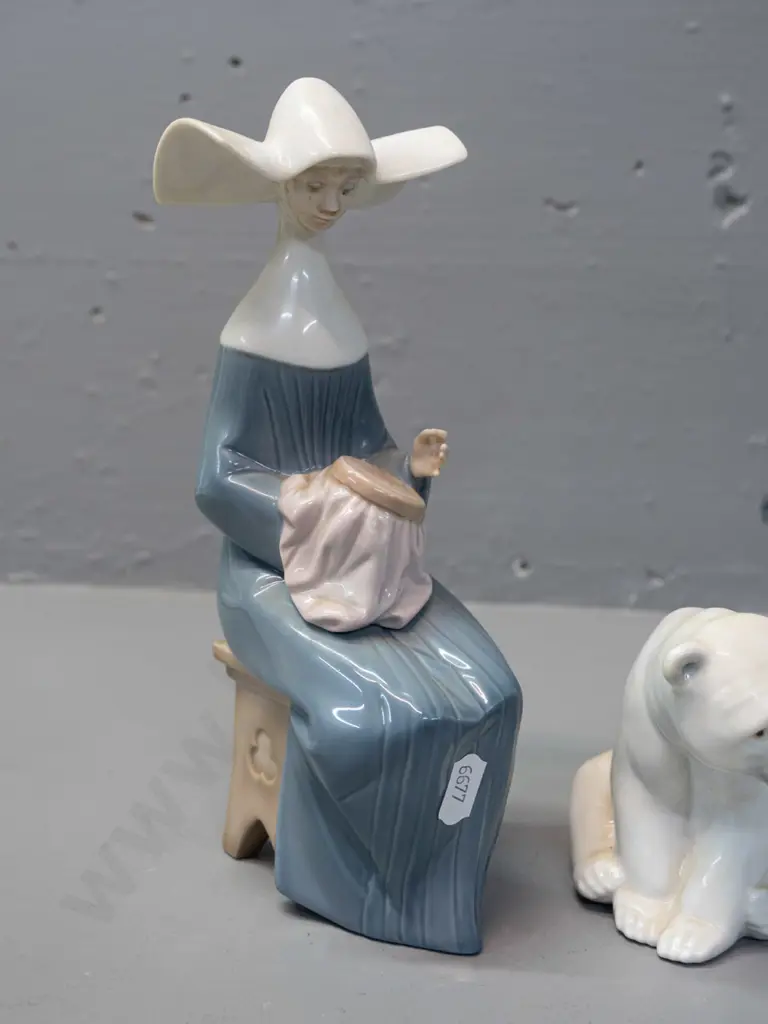 3 Lladro figurines - 2 polar bears and a seated nun with needlework H-200 - all need cleaning, crazing to one Image 1++