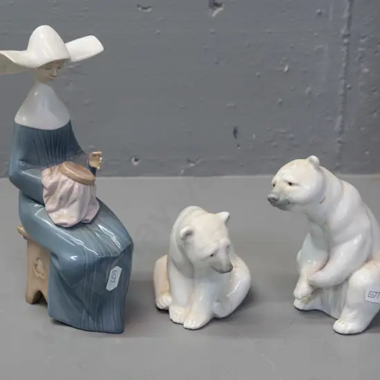 3 Lladro figurines - 2 polar bears and a seated nun with needlework H-200 - all need cleaning, crazing to one
