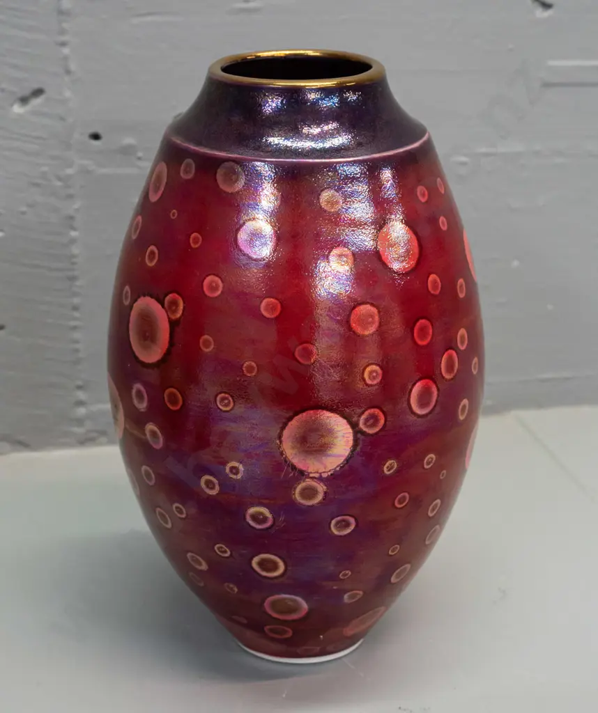 Danny Moorwood studio pottery vase - lustre crimson and purple with gilded top rim, bubble motif H-270 Image 1++