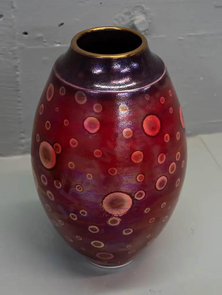 Danny Moorwood studio pottery vase - lustre crimson and purple with gilded top rim, bubble motif H-270 Image 1++