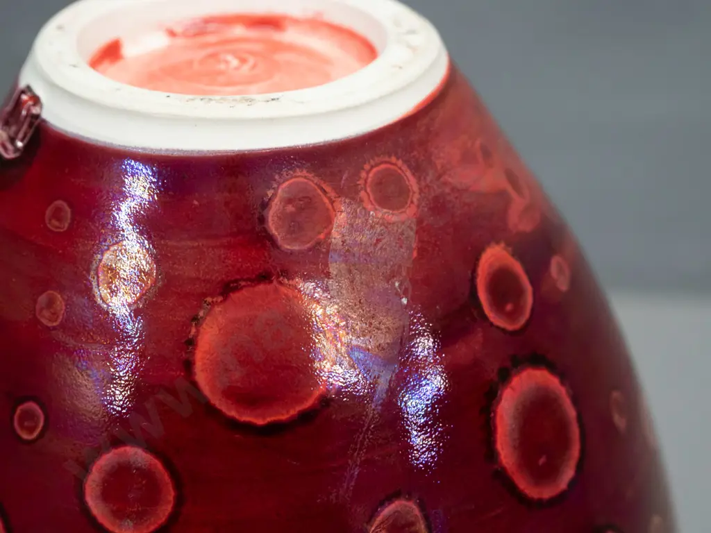 Danny Moorwood studio pottery vase - lustre crimson and purple with gilded top rim, bubble motif H-270 Image 1++