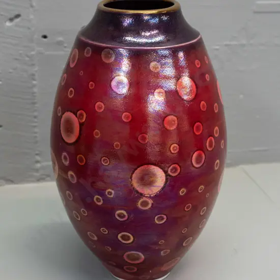 Danny Moorwood studio pottery vase - lustre crimson and purple with gilded top rim, bubble motif H-270