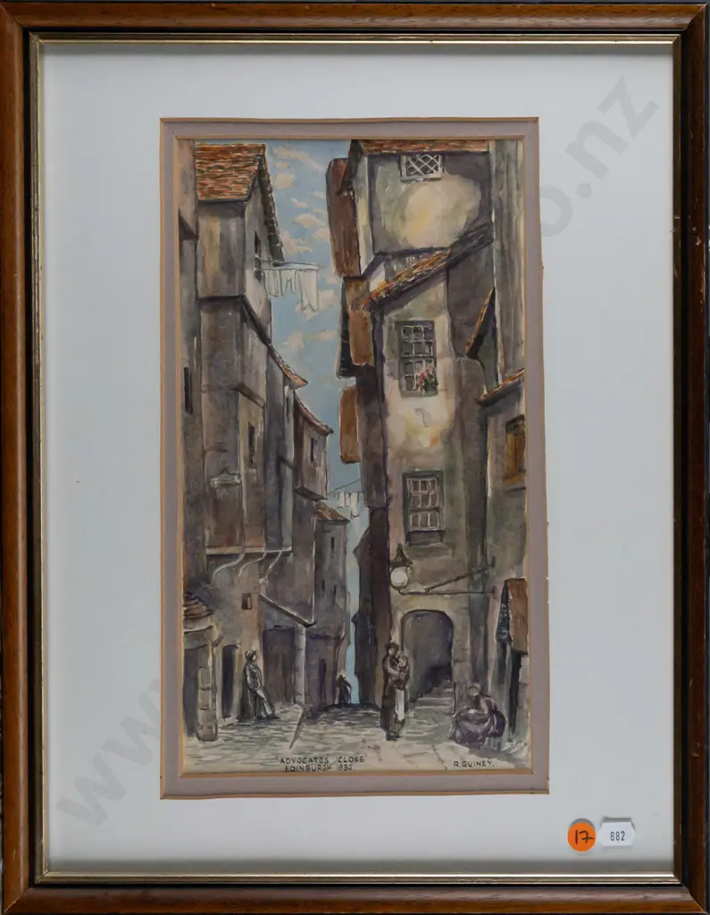 R Guiney - framed watercolour "Advocates Close Edinburgh 1830" H300 W170 Image 1++