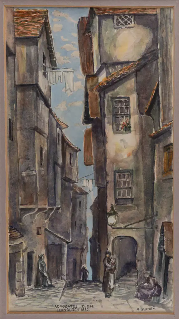 R Guiney - framed watercolour "Advocates Close Edinburgh 1830" H300 W170 Image 1++